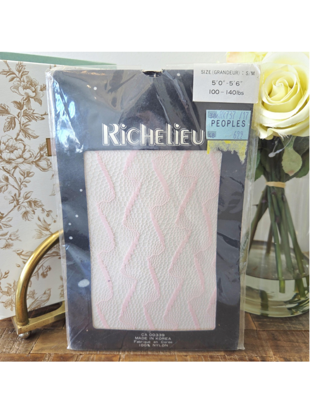 Vintage Richelieu lace pantyhose NOS pink textured nylons, glam retro 80s S/M